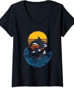 Womens Ocean Wildlife Orcas Killer Whale Shark V-Neck T-Shirt