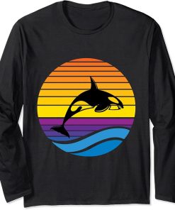 Vintage Orca Sunset Retro Sun Colorful Silhouette Sea Wave Long Sleeve T-Shirt