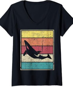 Womens Orca. Retro Vintage With Classic Stripes. V-Neck T-Shirt