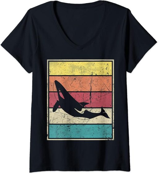 Womens Orca. Retro Vintage With Classic Stripes. V-Neck T-Shirt